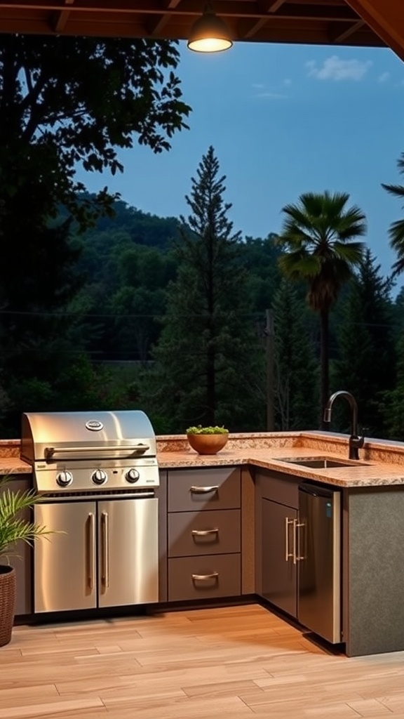An outdoor kitchen on a deck featuring a stainless steel grill, cabinets, sink, and fridge surrounded by trees.