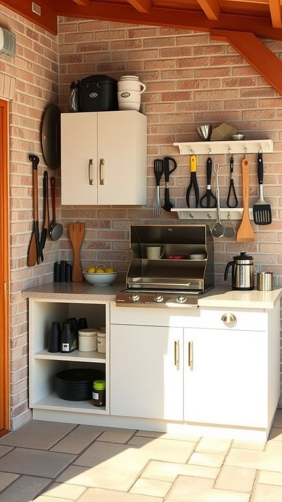 A well-organized outdoor kitchen with a grill, cabinet, and hanging utensils.