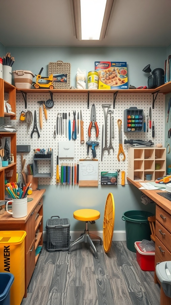 A well-organized hobby room featuring tools on a pegboard, a wooden workbench, storage bins, and colorful supplies.