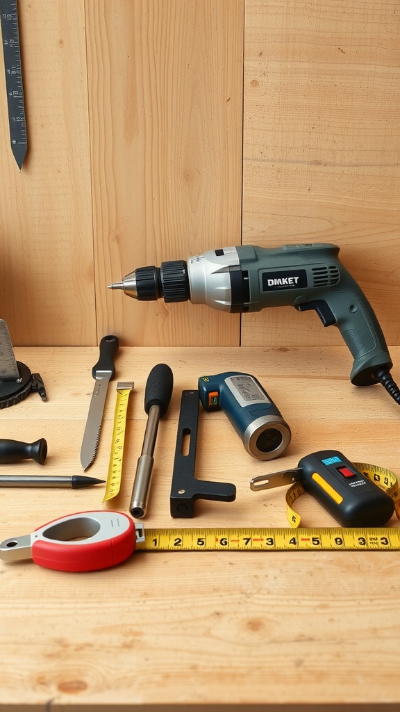 A collection of essential DIY tools including a drill, measuring tape, saw, and level on a wooden surface.