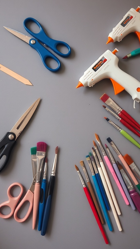 A variety of crafting tools including scissors, glue guns, and paintbrushes on a gray surface.