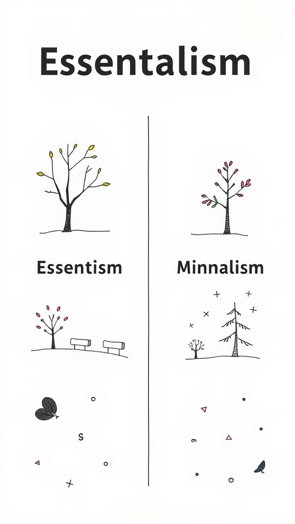 Illustration comparing essentialism and minimalism, featuring trees and simple designs.