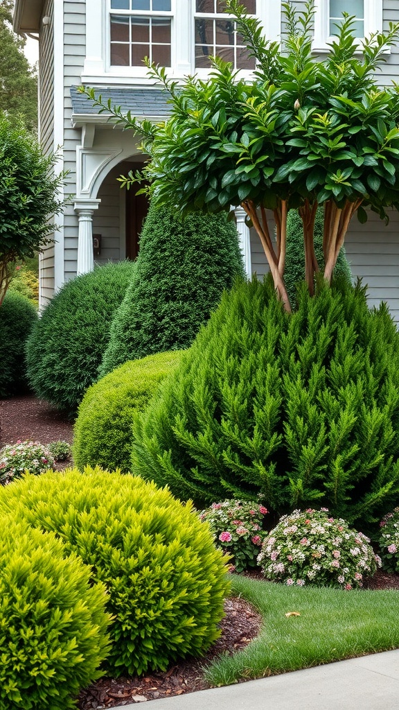 Lush front yard landscape featuring evergreen shrubs and a tree, with colorful flowers in the foreground.