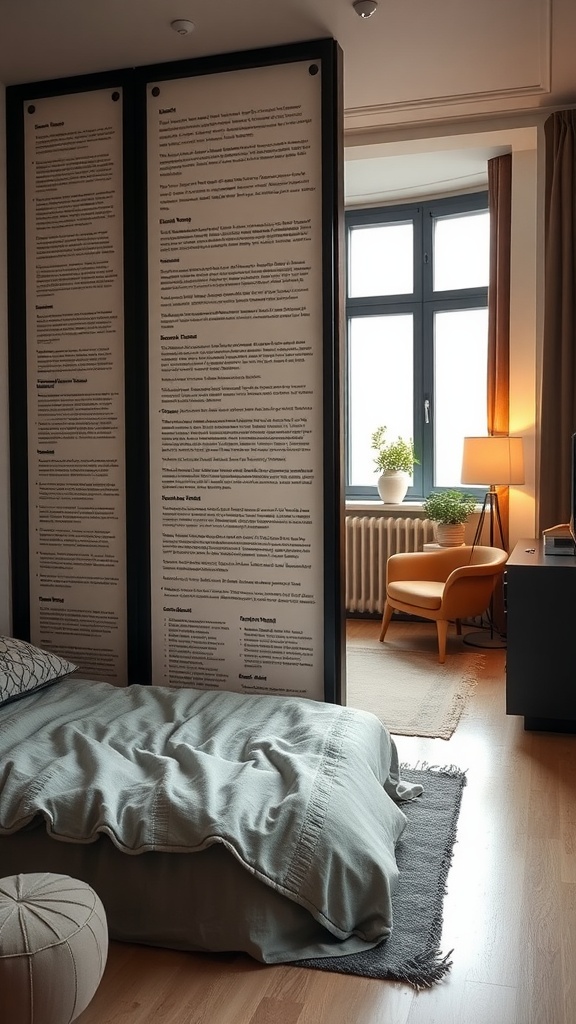 A cozy studio apartment featuring a room divider with text, a bed, and a living area with an armchair and plant.