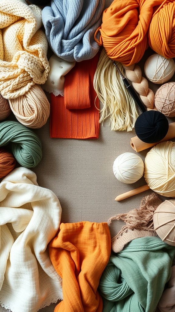 An assortment of colorful yarns and fabrics arranged on a table, showcasing various textures and hues.