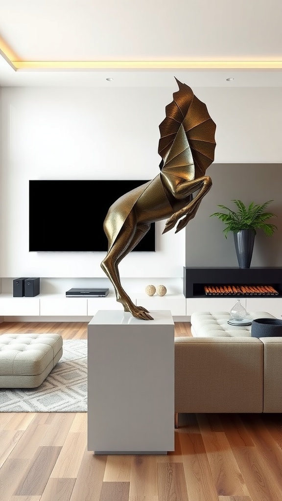 A golden sculpture of a figure on a white pedestal in a modern living room.