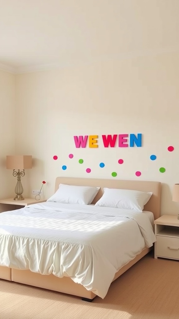 A beige bedroom featuring colorful wall decals with the letters 'WE WEN' and various colorful dots on the wall.