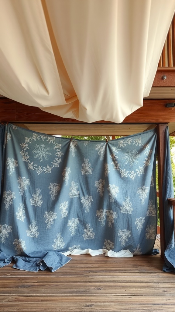 Image showing fabric wraps under a deck with draped textiles in light and patterned blue colors.