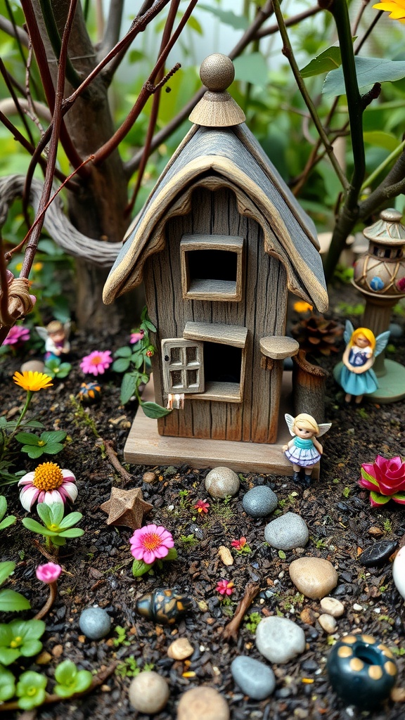 A whimsical wooden birdhouse in a fairy garden setting, surrounded by colorful flowers and fairy figurines.
