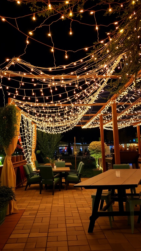 A cozy back patio with a fairy light canopy creating a warm atmosphere
