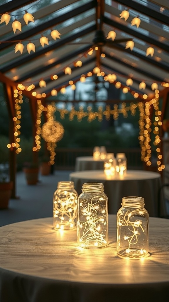 A covered patio with fairy lights in glass jars, creating a warm and inviting atmosphere.