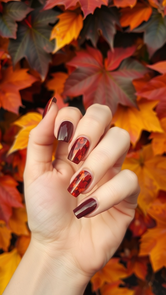 Close-up of fingernails painted with brown nail polish against a backdrop of colorful autumn leaves.