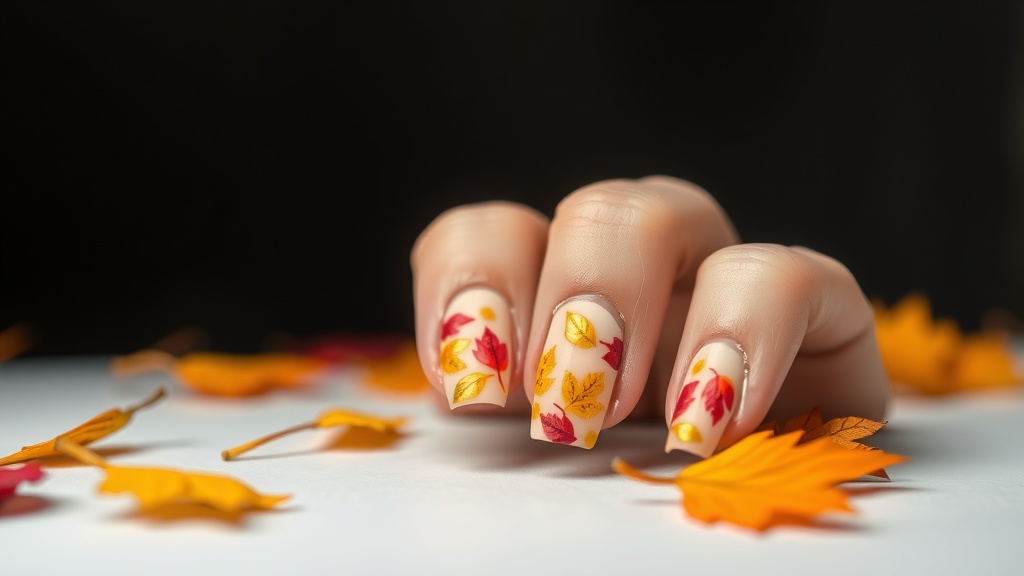 Nails with a falling leaves gradient design in warm autumn colors.