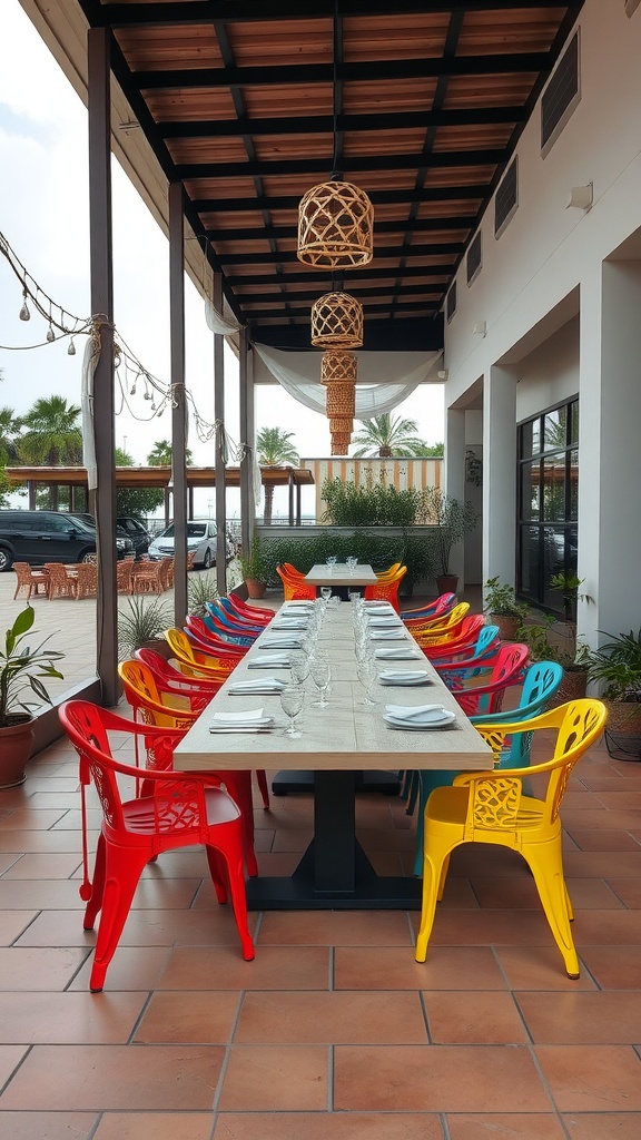 Outdoor dining area with a long table and colorful chairs, surrounded by plants and hanging lights.