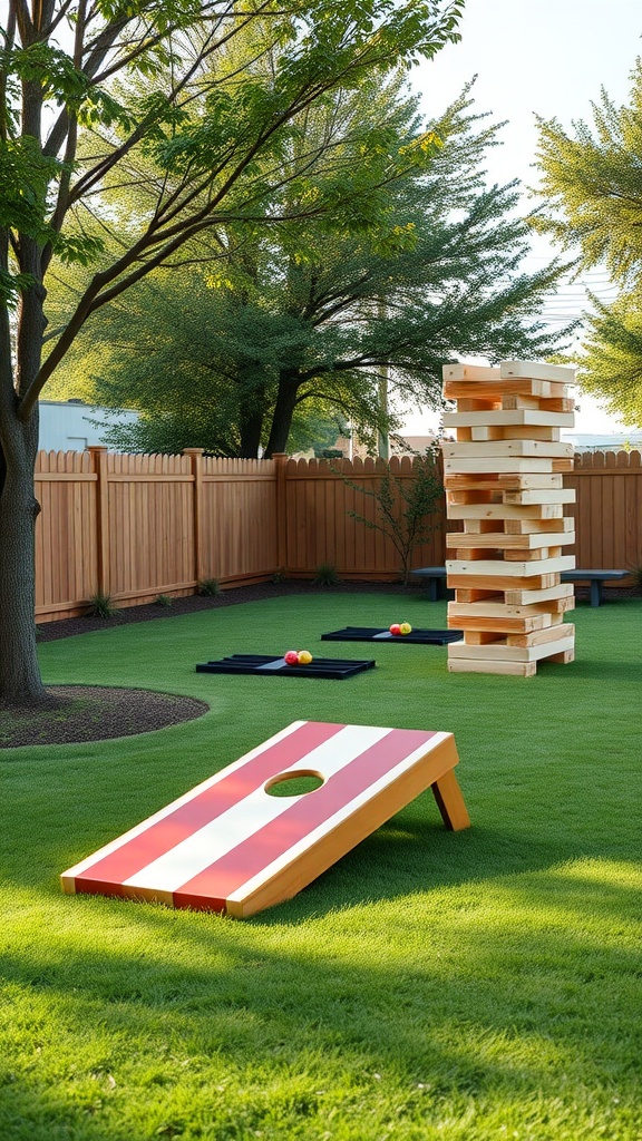 Backyard game area with cornhole and giant Jenga.