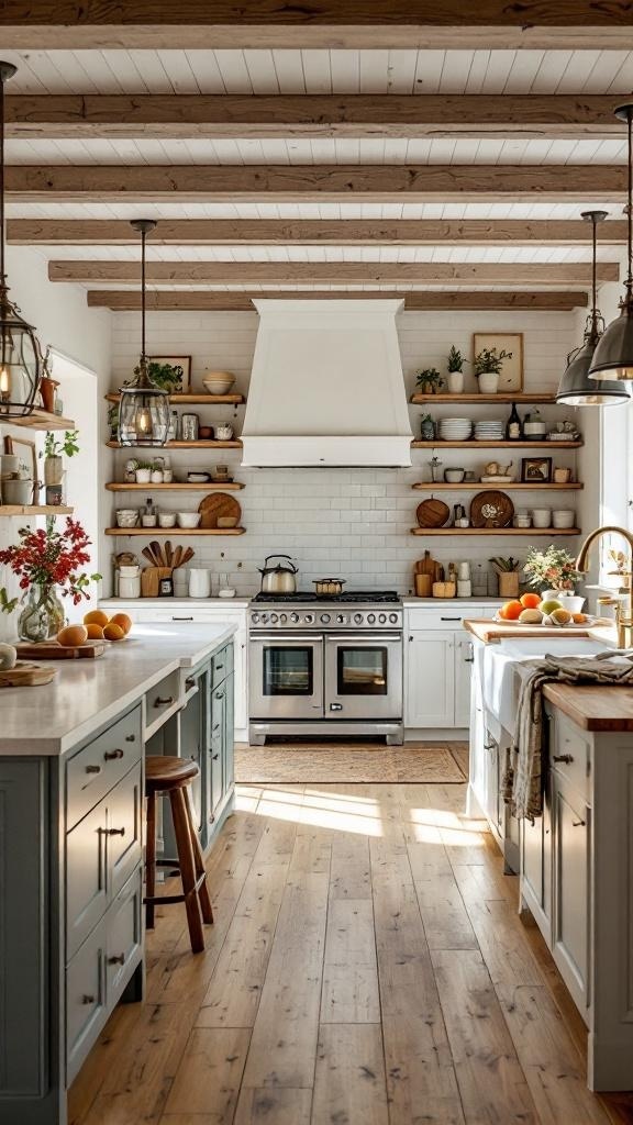 A spacious farmhouse kitchen with a large island, open shelving, and warm wood flooring.