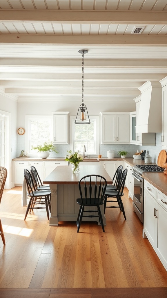 A bright and spacious rustic farmhouse kitchen with a central island, black chairs, and large windows.