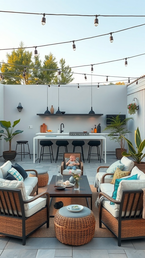 Outdoor lounge area with seating, a kitchen in the background, and string lights overhead.