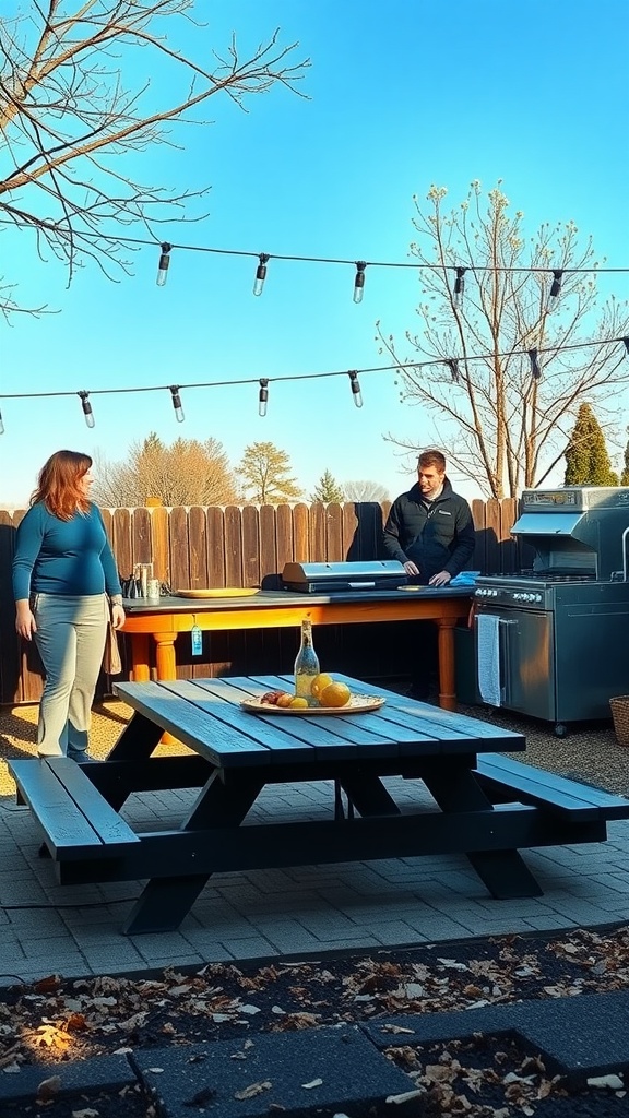 A family-friendly outdoor kitchen with a picnic table and grill