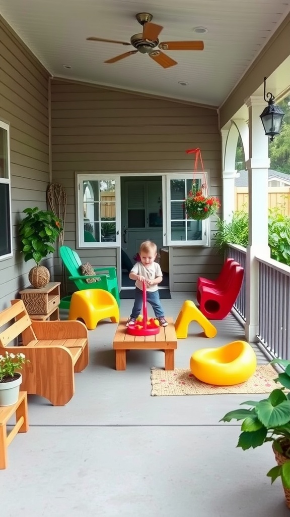 Colorful mobile home back porch play area with a child playing on interactive furniture.