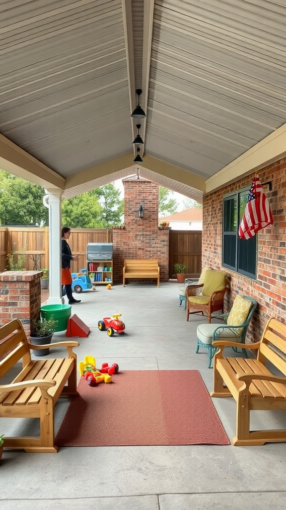 A covered patio with wooden benches, a red rug, and children's toys, creating a family-friendly play area.
