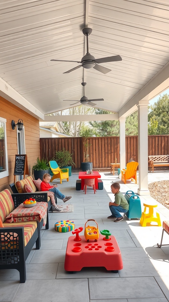 A family-friendly outdoor covered patio with colorful furniture and play areas for children.