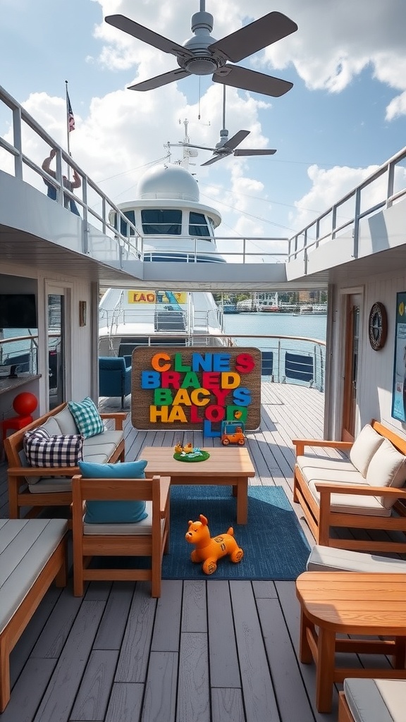 A family-friendly deck area featuring colorful toys and comfortable seating, ideal for playtime.