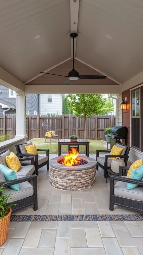 Cozy covered patio with a built-in fire pit surrounded by comfortable seating and vibrant pillows.