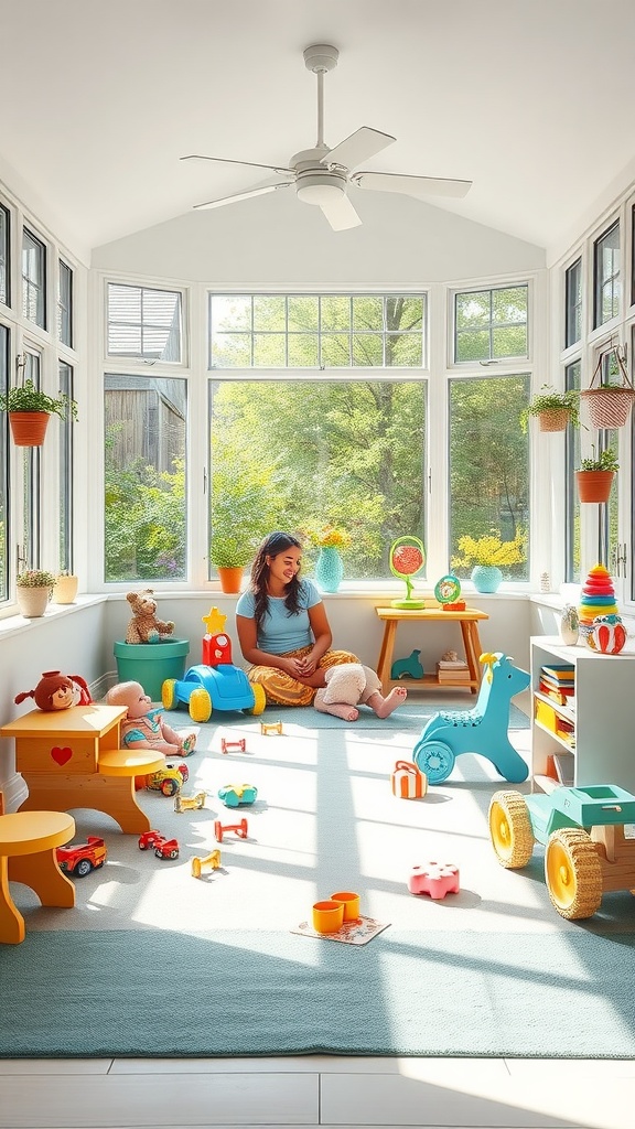 A colorful sunroom play area with toys and a parent engaging with a child.