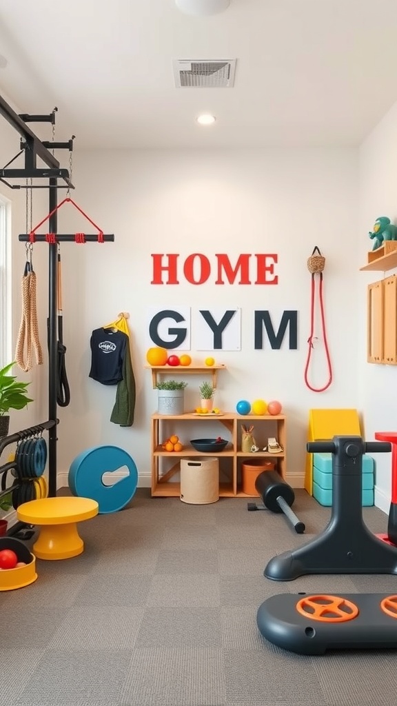 A colorful and inviting home gym designed for family workouts, featuring various exercise equipment and playful decor.