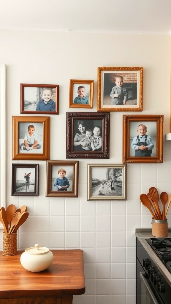 A collection of family photos in vintage frames displayed on a kitchen wall.