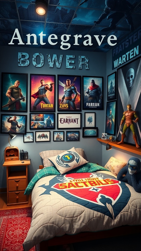 A fantasy-themed teenage bedroom with gaming posters, themed bedding, and cozy lighting.