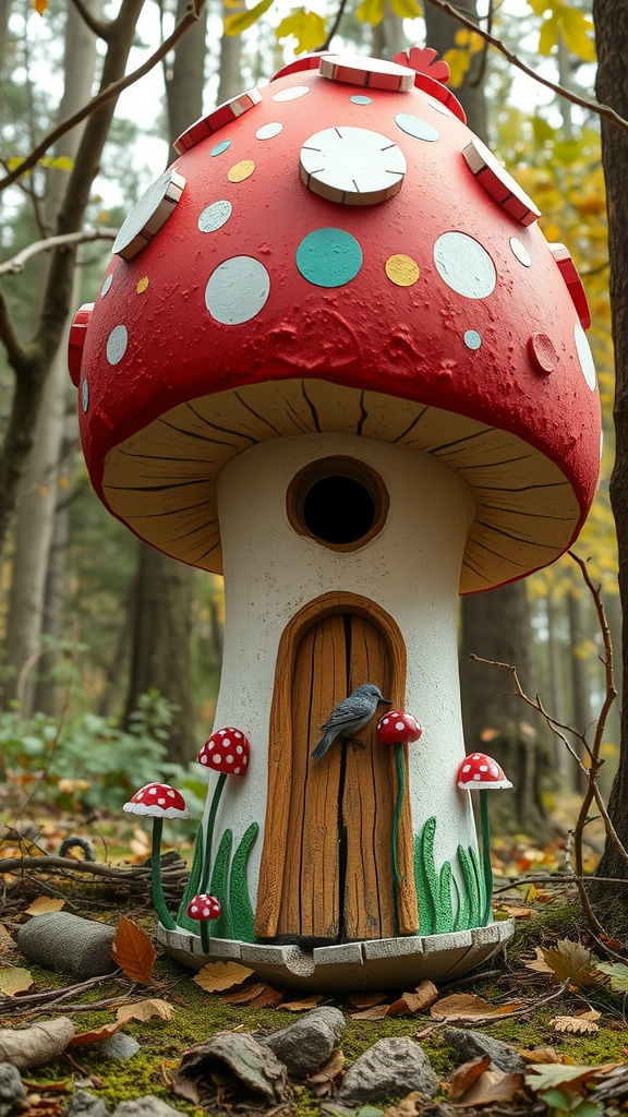 A whimsical mushroom-shaped birdhouse with a red cap, surrounded by greenery and small mushrooms.