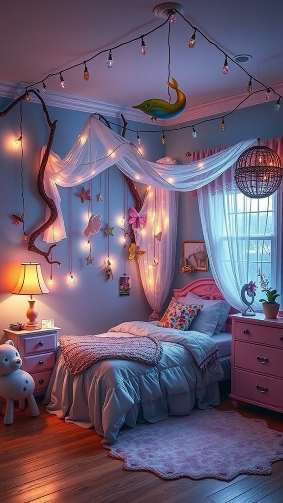 A cozy teen bedroom with blue walls, fairy lights, and whimsical decorations.