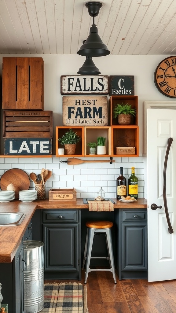 A rustic farmhouse kitchen featuring wooden crates, vintage signs, and plants, with dark cabinetry and light tiles.