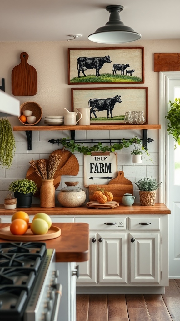 A cozy farmhouse kitchen featuring farm-themed wall art, wooden accents, and fresh plants.