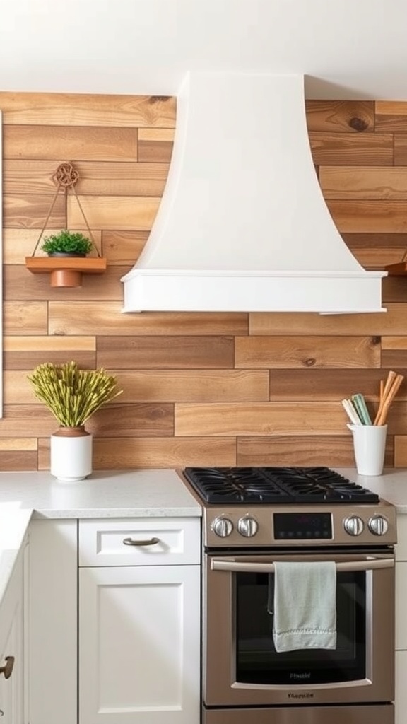Farmhouse kitchen with wooden backsplash and white hood