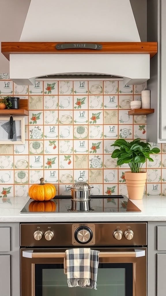 Farmhouse-style kitchen with handpainted tile backsplash and rustic decor.