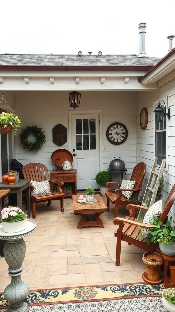 Cozy covered outdoor patio with rustic furniture, plants, and decorative accents.