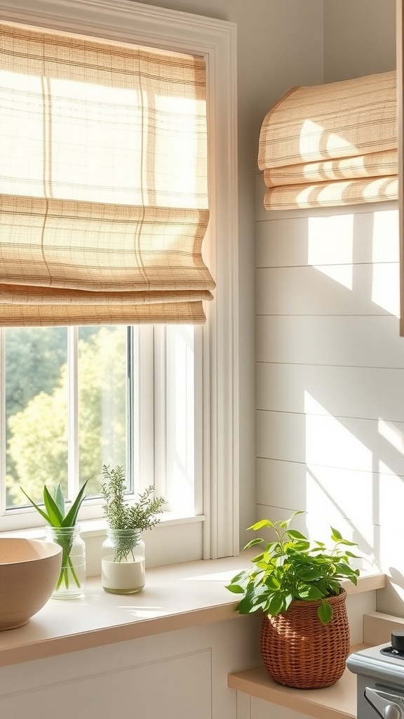 A bright farmhouse kitchen with light-colored window treatments, plants on the counter, and natural sunlight illuminating the space.