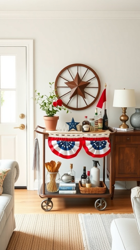A farmhouse bar cart decorated with red, white, and blue bunting, featuring drinks and a potted plant.