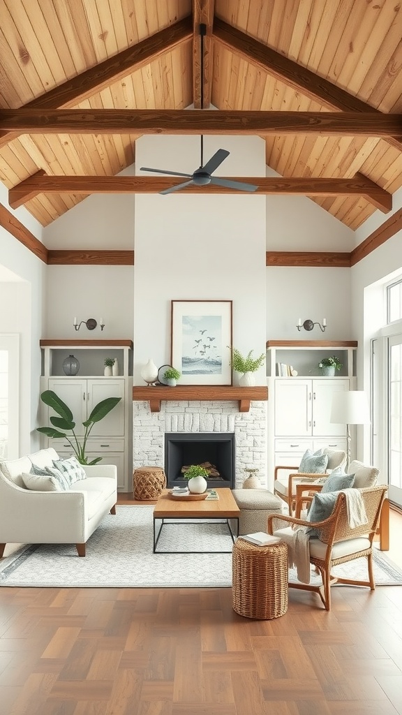 A cozy living room with wooden beams, light colors, and a warm atmosphere