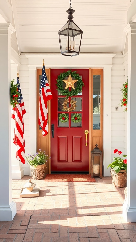A farmhouse entryway featuring a red door, American flags, a wreath with a star, and potted plants.