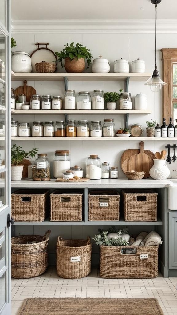 A beautifully organized farmhouse pantry with labeled jars, wicker baskets, and potted plants.