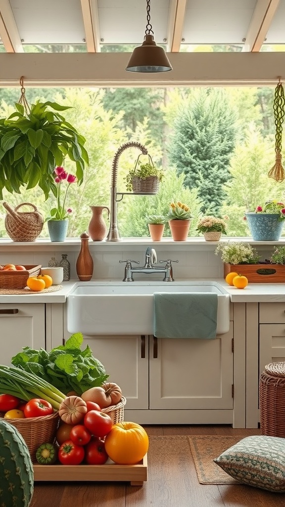 A charming farmhouse sink surrounded by plants and vegetables in a cozy outdoor kitchen setting.