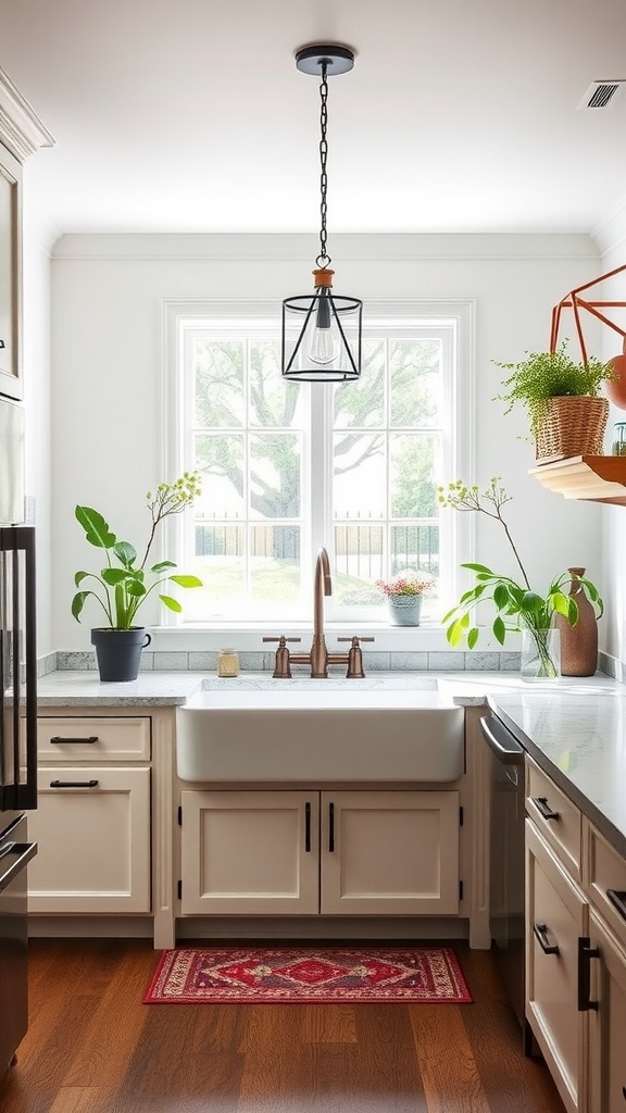 A rustic farmhouse kitchen featuring a large farmhouse sink, modern faucet, and natural light from a window