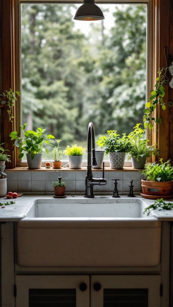 Farmhouse sink with fresh herbs in pots, view from the kitchen window