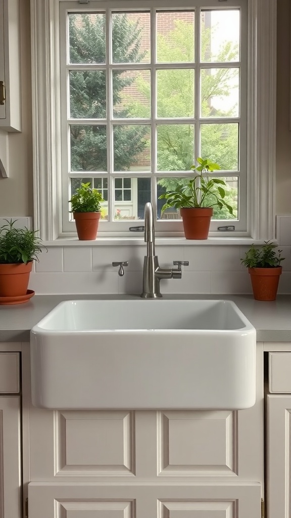 A white farmhouse sink with apron front under a large window, surrounded by potted herbs.