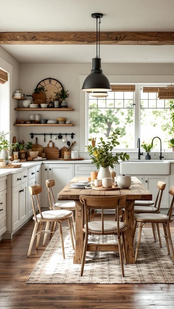 A cozy farmhouse style dining area featuring a wooden table, simple chairs, and open shelving with plants and dishes.