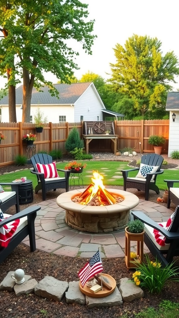 A cozy farmhouse style fire pit area with chairs, a stone fire pit, and patriotic decor.